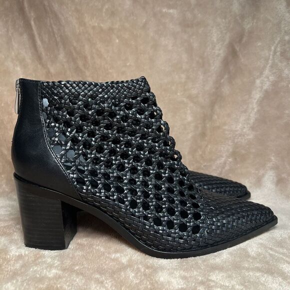 PAIGE Lilah Woven Leather‎ Block Heel Ankle Booties Boots Black Women's Size 9.5 - Picture 1 of 8
